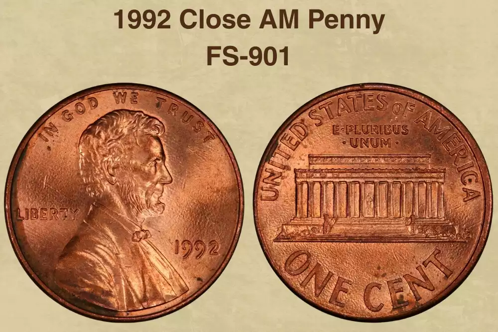 1992 Philadelphia Close AM penny reverse showing A and M nearly touching in AMERICA versus Wide AM spacing