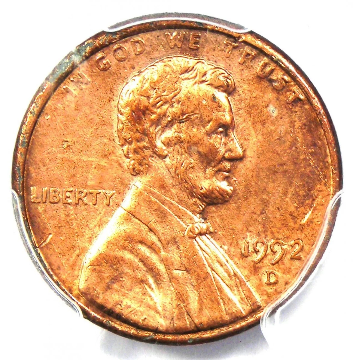1992-D Denver Close AM penny reverse showing near-touching AM letters with D mint mark visible