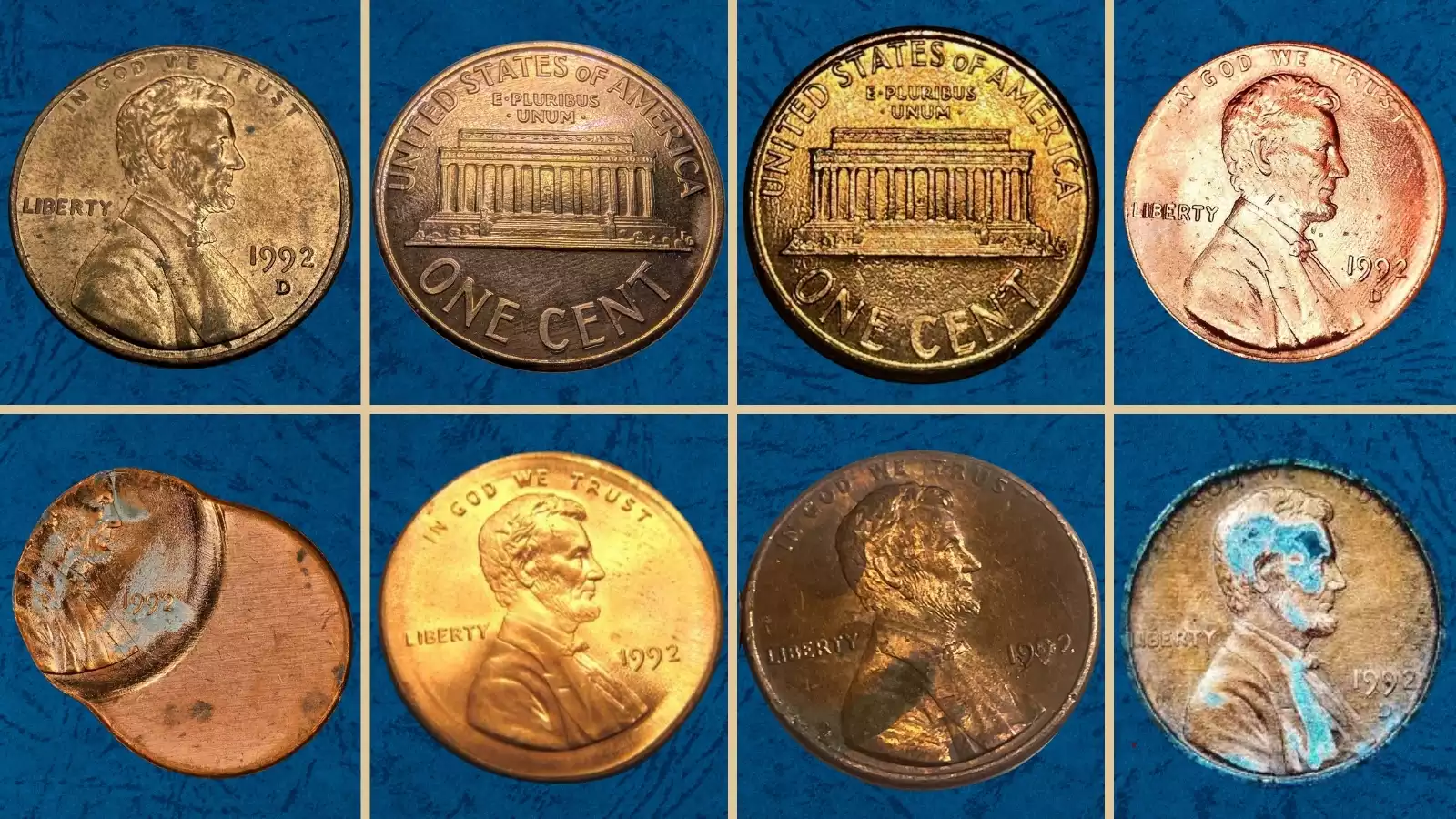 1992 penny grading strip showing four condition tiers from heavily worn to gem uncirculated red